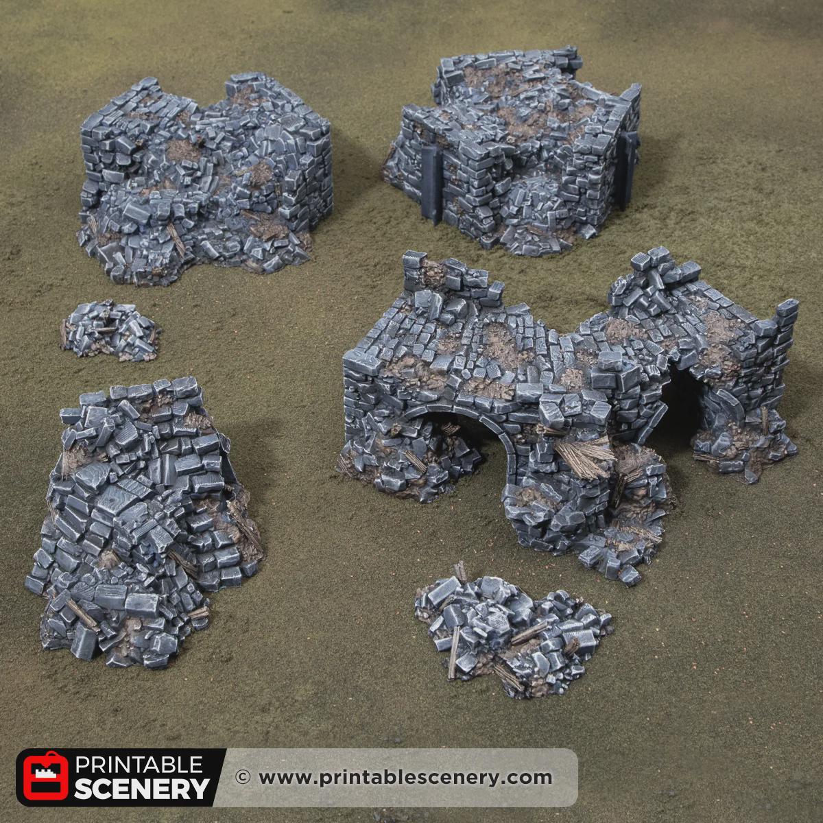 Ruined Gothic Buildings Terrain, 32mm Modular Fantasy Ruins, Broken Bridge and Rubble, Tabletop Battlefield Scenery