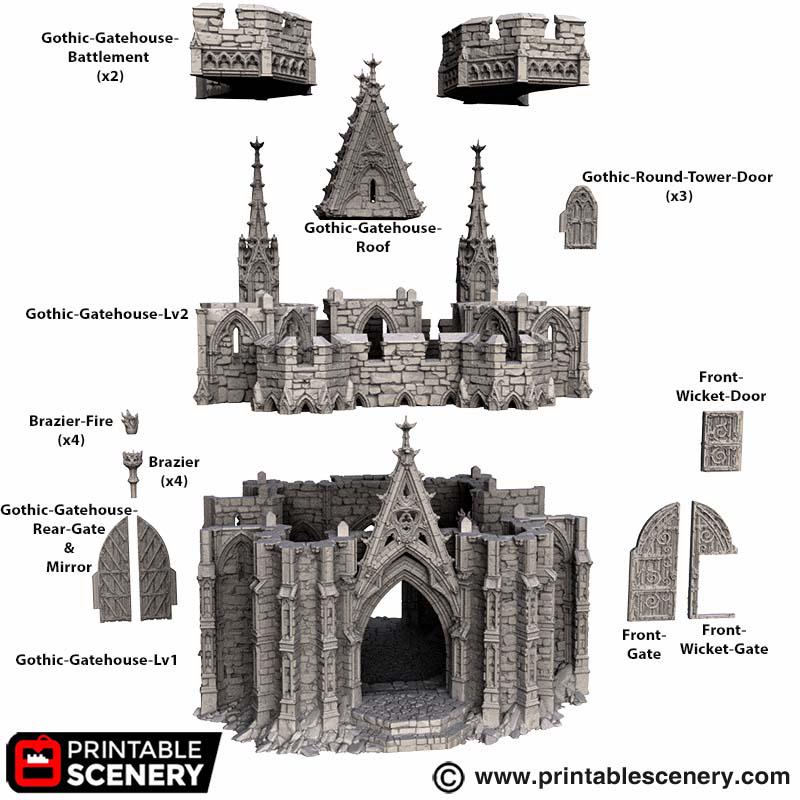 Gothic Gatehouse Terrain, 32mm Dark Fantasy Fortress Entrance, Modular Castle Towers, Tabletop Scenery