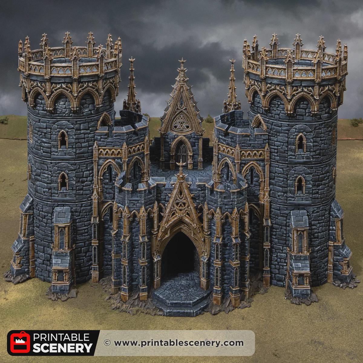Gothic Gatehouse Terrain, 32mm Dark Fantasy Fortress Entrance, Modular Castle Towers, Tabletop Scenery
