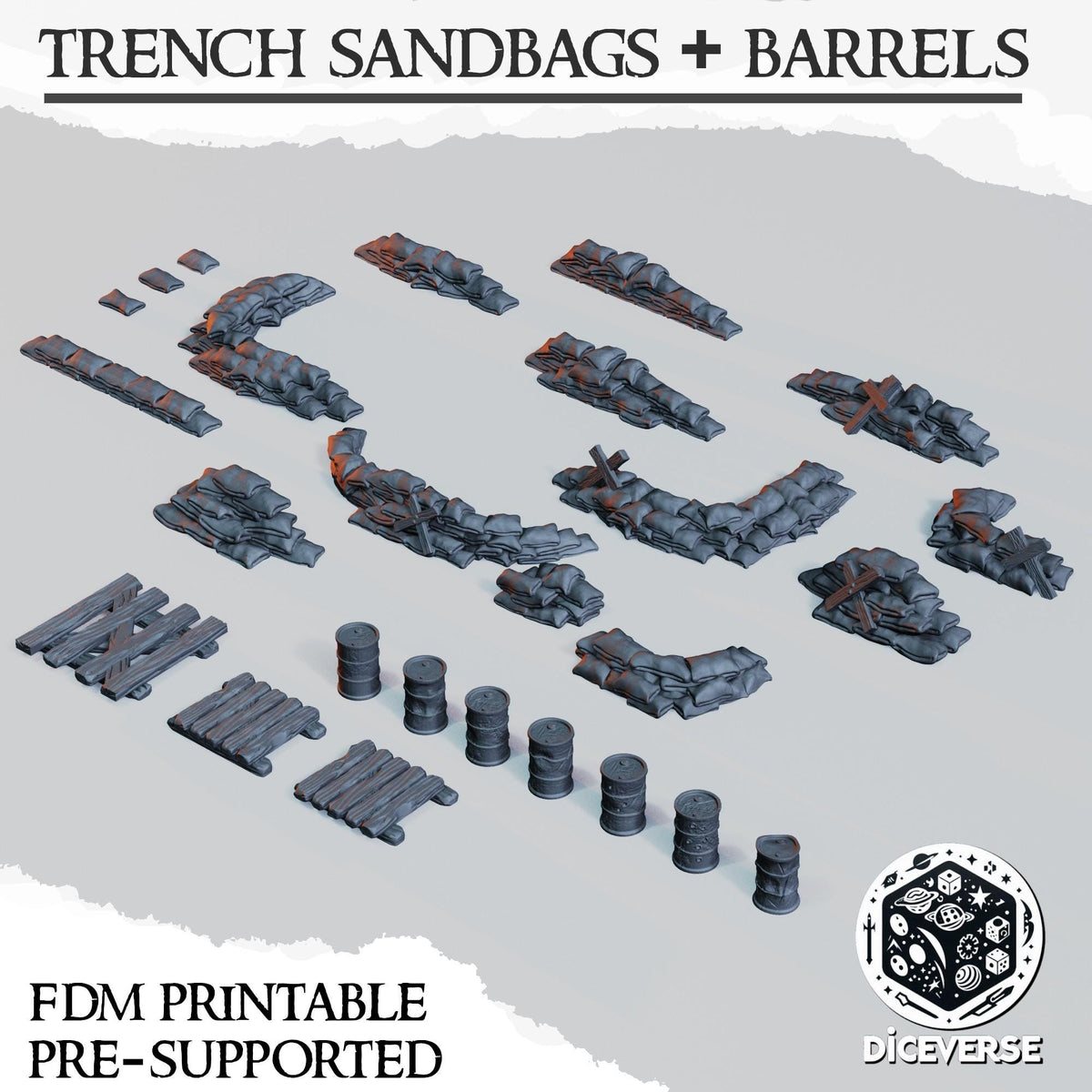 Trench Sandbags and Barrels Terrain, 32mm PLA Battlefield Scatter, Defensive Barricades, Tabletop Scenery Set