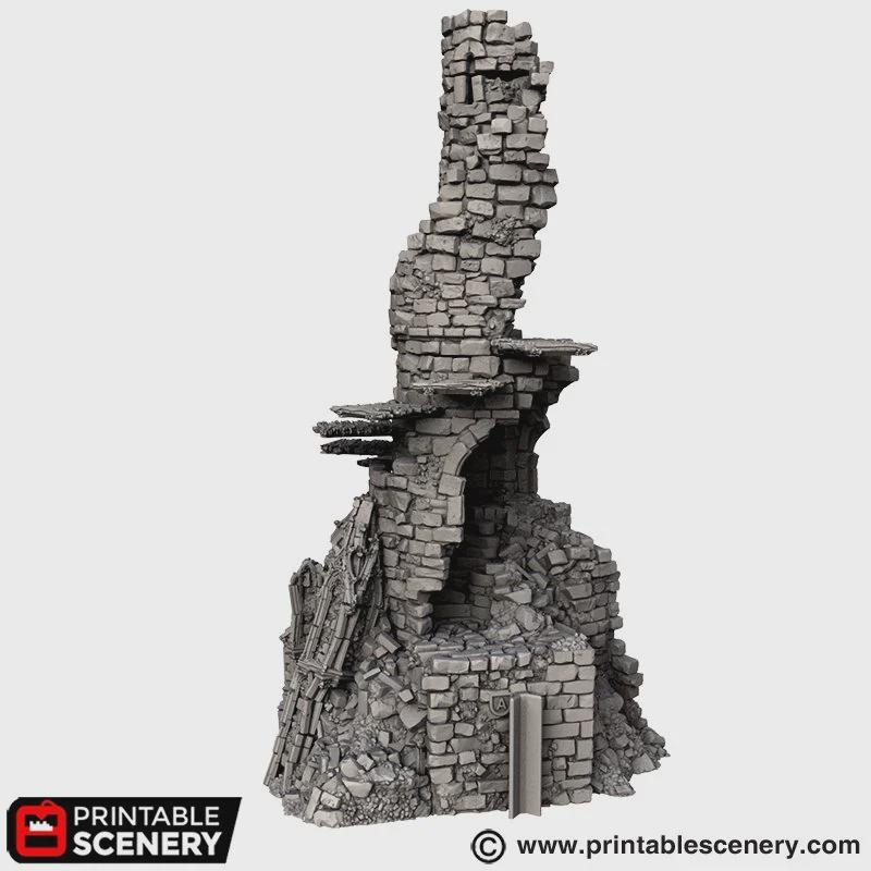 Ruined Gothic Tower Terrain | Crumbling Fantasy Spire with Stackable Levels | Tabletop Wargaming Ruins Scenery | 3D Printed