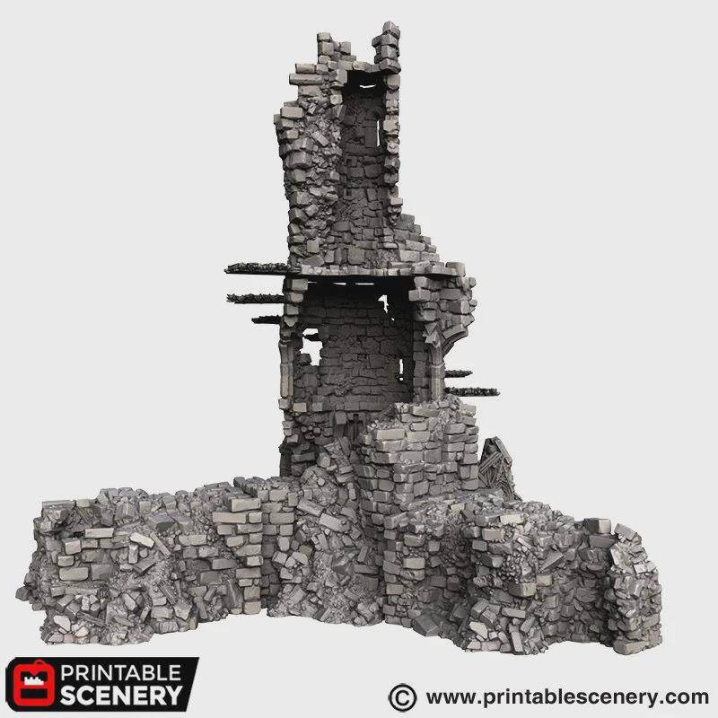 Ruined Gothic Tower Terrain | Crumbling Fantasy Spire with Stackable Levels | Tabletop Wargaming Ruins Scenery | 3D Printed