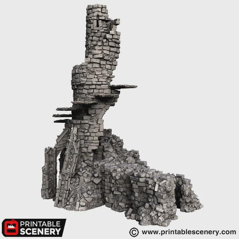 Ruined Gothic Tower Terrain | Crumbling Fantasy Spire with Stackable Levels | Tabletop Wargaming Ruins Scenery | 3D Printed