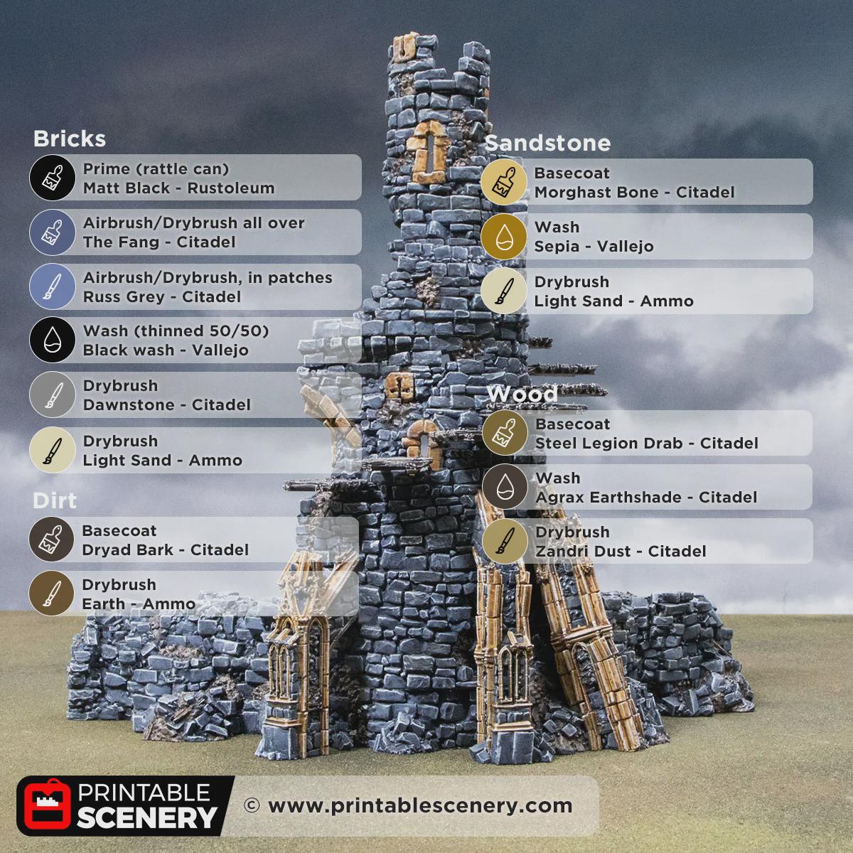 Ruined Gothic Tower Terrain | Crumbling Fantasy Spire with Stackable Levels | Tabletop Wargaming Ruins Scenery | 3D Printed