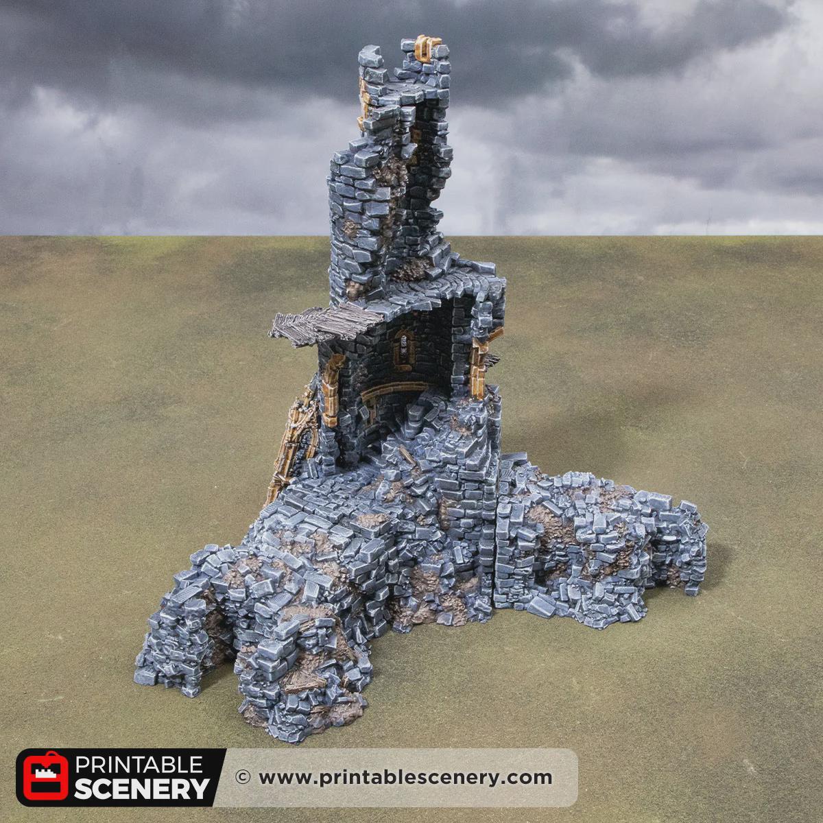 Ruined Gothic Tower Terrain | Crumbling Fantasy Spire with Stackable Levels | Tabletop Wargaming Ruins Scenery | 3D Printed