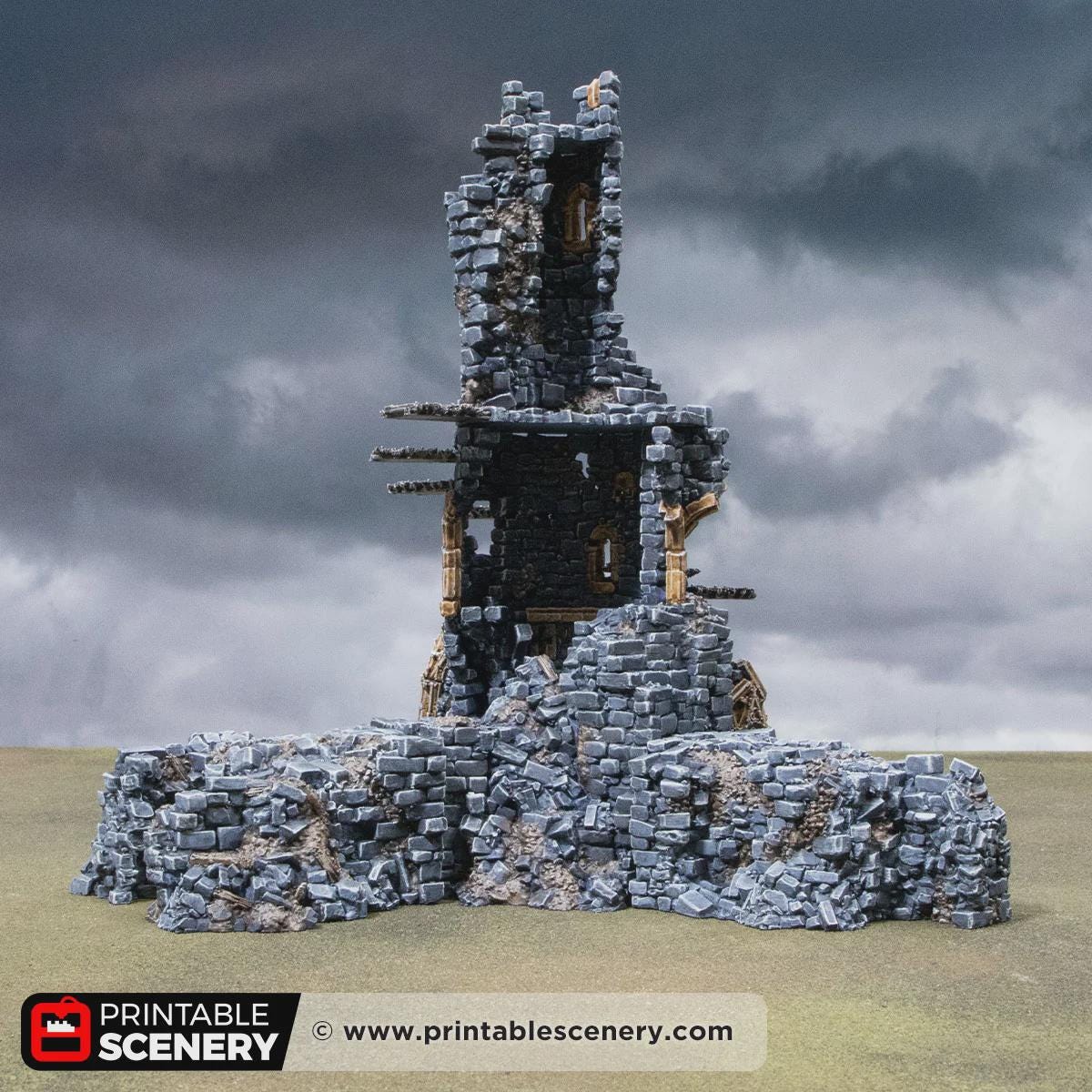 Ruined Gothic Tower Terrain | Crumbling Fantasy Spire with Stackable Levels | Tabletop Wargaming Ruins Scenery | 3D Printed