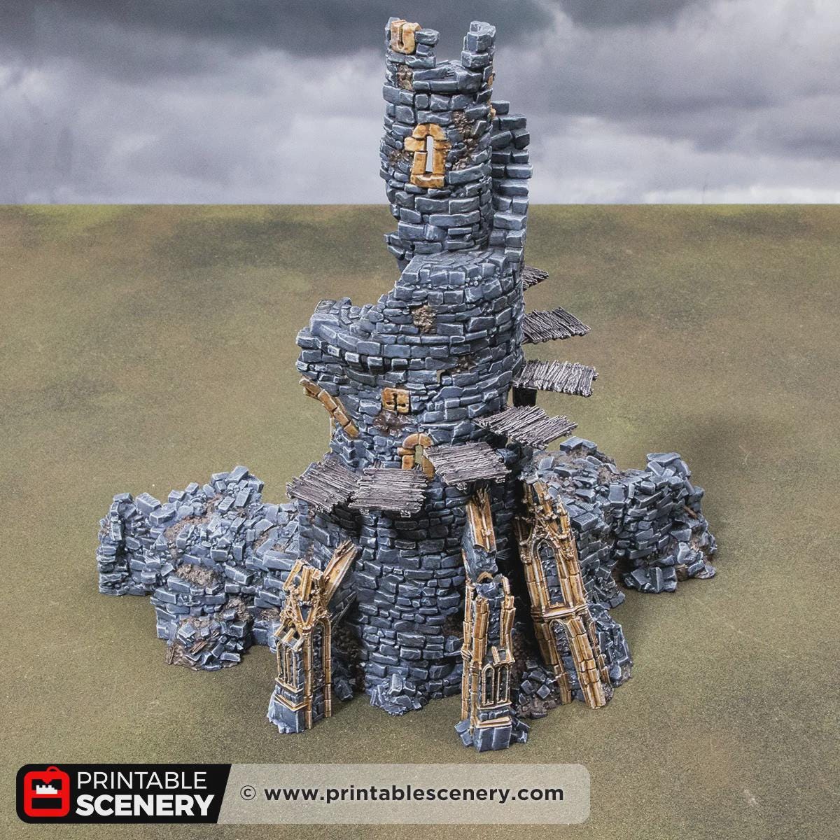 Ruined Gothic Tower Terrain | Crumbling Fantasy Spire with Stackable Levels | Tabletop Wargaming Ruins Scenery | 3D Printed