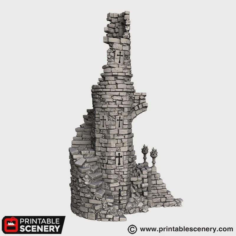 Ruined Gothic Spire Terrain | Crumbling Fantasy Tower Ruin with Stackable Levels | Tabletop Wargaming Scenery | 3D Printed