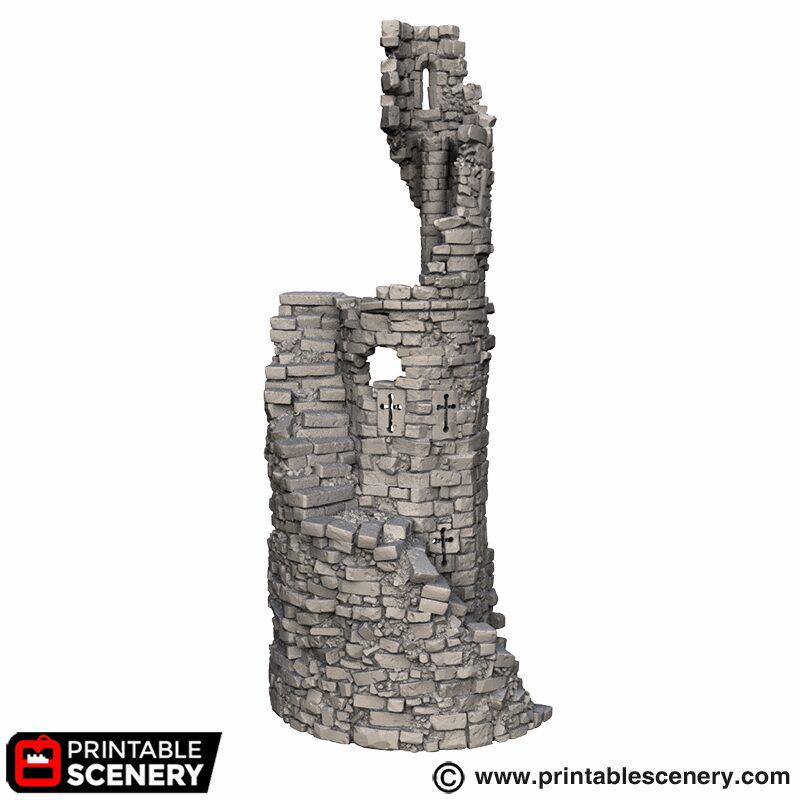 Ruined Gothic Spire Terrain | Crumbling Fantasy Tower Ruin with Stackable Levels | Tabletop Wargaming Scenery | 3D Printed