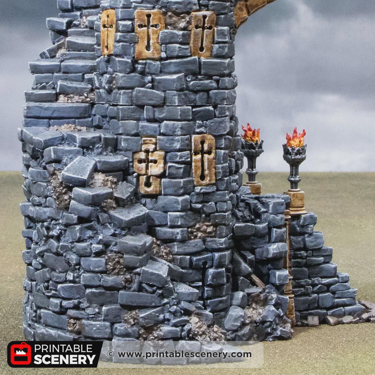 Ruined Gothic Spire Terrain | Crumbling Fantasy Tower Ruin with Stackable Levels | Tabletop Wargaming Scenery | 3D Printed