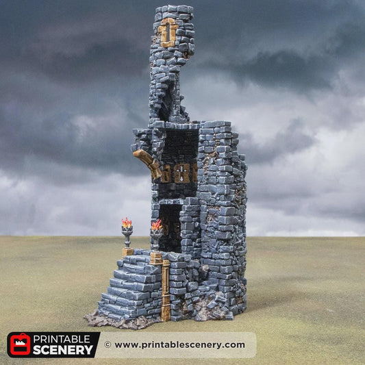 Ruined Gothic Spire Terrain | Crumbling Fantasy Tower Ruin with Stackable Levels | Tabletop Wargaming Scenery | 3D Printed