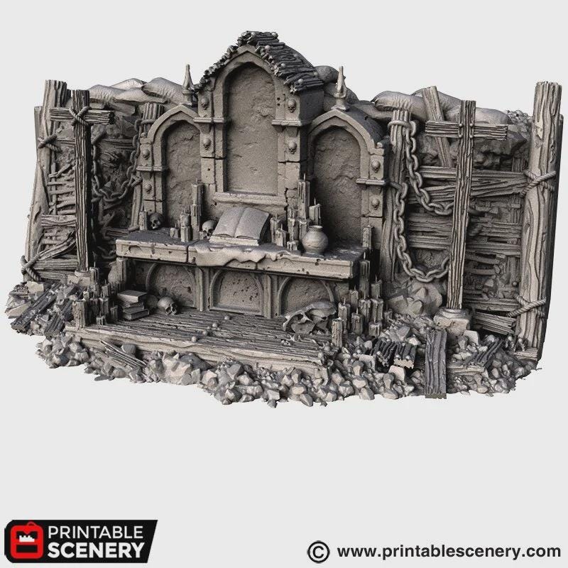 Gothic Altar Terrain | Ruined Stone Shrine Set Piece with Crosses | Tabletop Wargaming Graveyard Scenery | 3D Printed