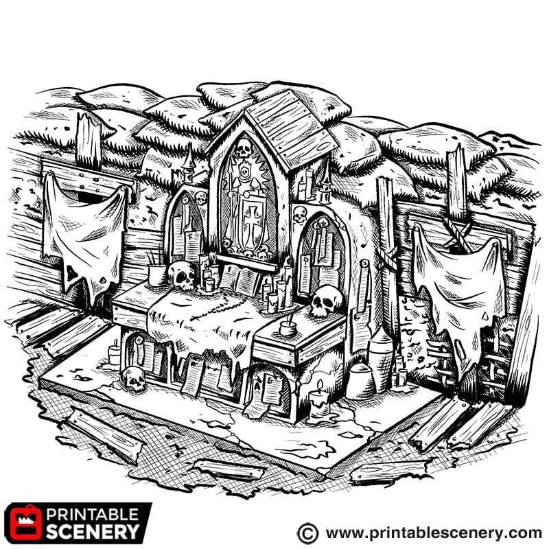 Gothic Altar Terrain | Ruined Stone Shrine Set Piece with Crosses | Tabletop Wargaming Graveyard Scenery | 3D Printed