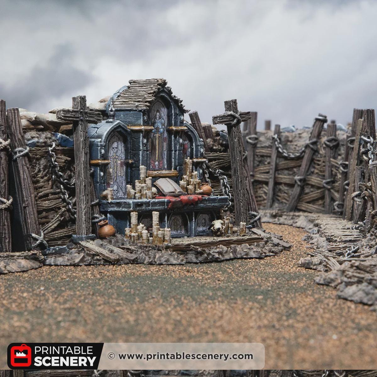 Gothic Altar Terrain | Ruined Stone Shrine Set Piece with Crosses | Tabletop Wargaming Graveyard Scenery | 3D Printed