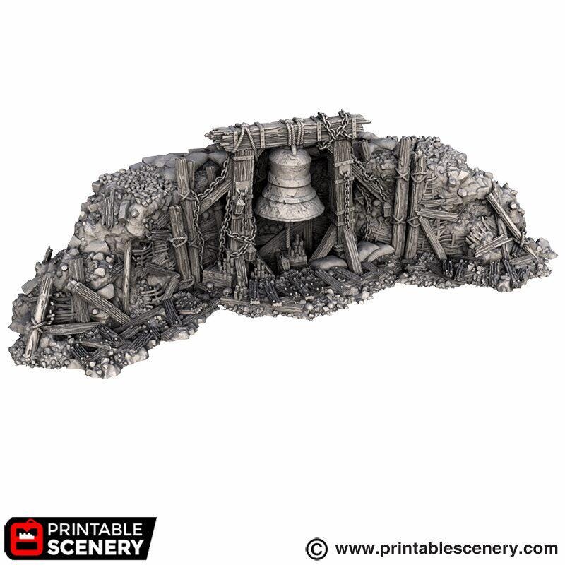 Gothic Bell Terrain | Ruined Stone Bell Monument Set Piece | Tabletop Wargaming Graveyard Scenery | 3D Printed Fantasy Ruins