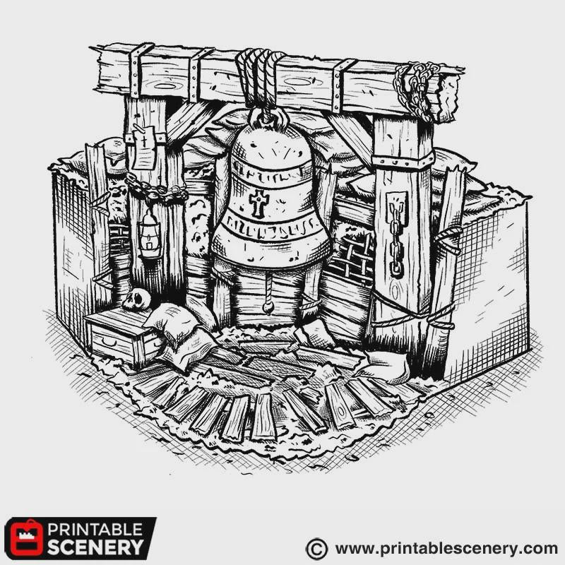 Gothic Bell Terrain | Ruined Stone Bell Monument Set Piece | Tabletop Wargaming Graveyard Scenery | 3D Printed Fantasy Ruins