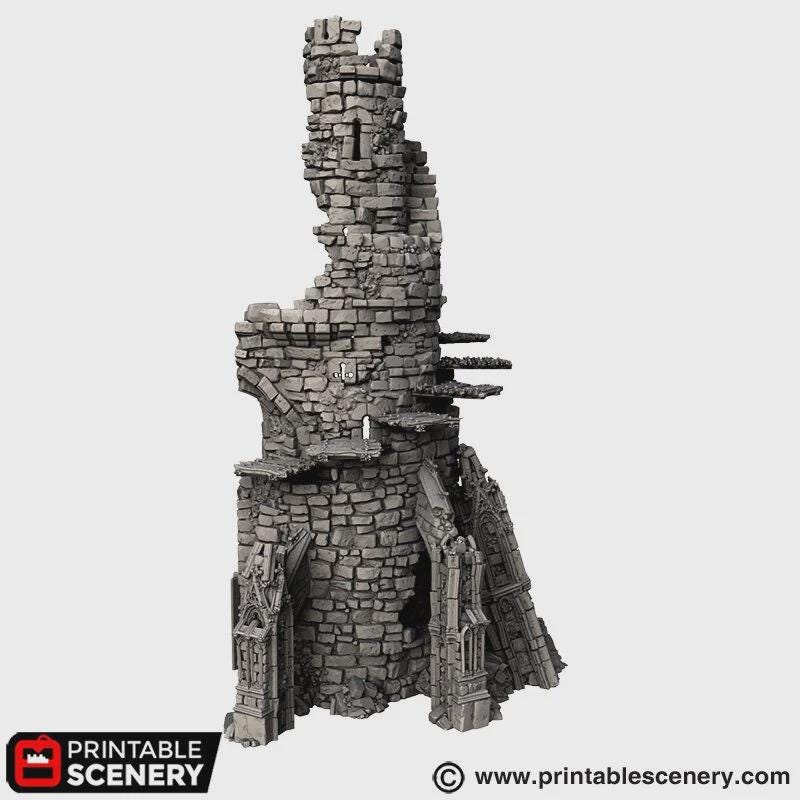 Ruined Gothic Tower Terrain | Crumbling Fantasy Spire with Stackable Levels | Tabletop Wargaming Ruins Scenery | 3D Printed