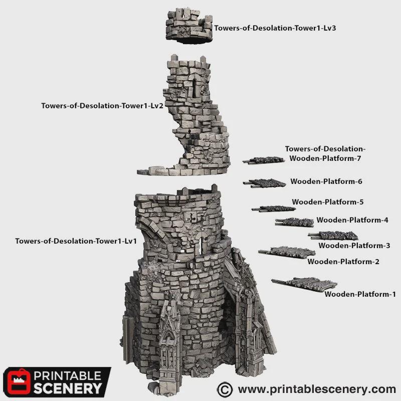 Ruined Gothic Tower Terrain | Crumbling Fantasy Spire with Stackable Levels | Tabletop Wargaming Ruins Scenery | 3D Printed