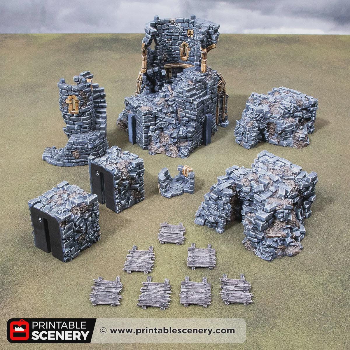 Ruined Gothic Tower Terrain | Crumbling Fantasy Spire with Stackable Levels | Tabletop Wargaming Ruins Scenery | 3D Printed