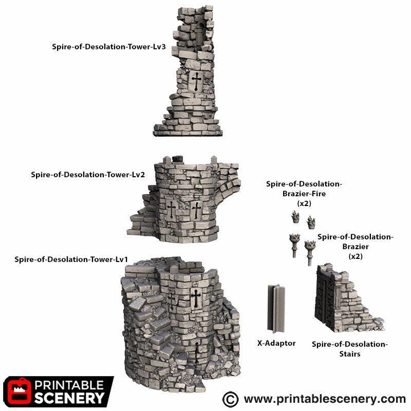 Ruined Gothic Spire Terrain | Crumbling Fantasy Tower Ruin with Stackable Levels | Tabletop Wargaming Scenery | 3D Printed