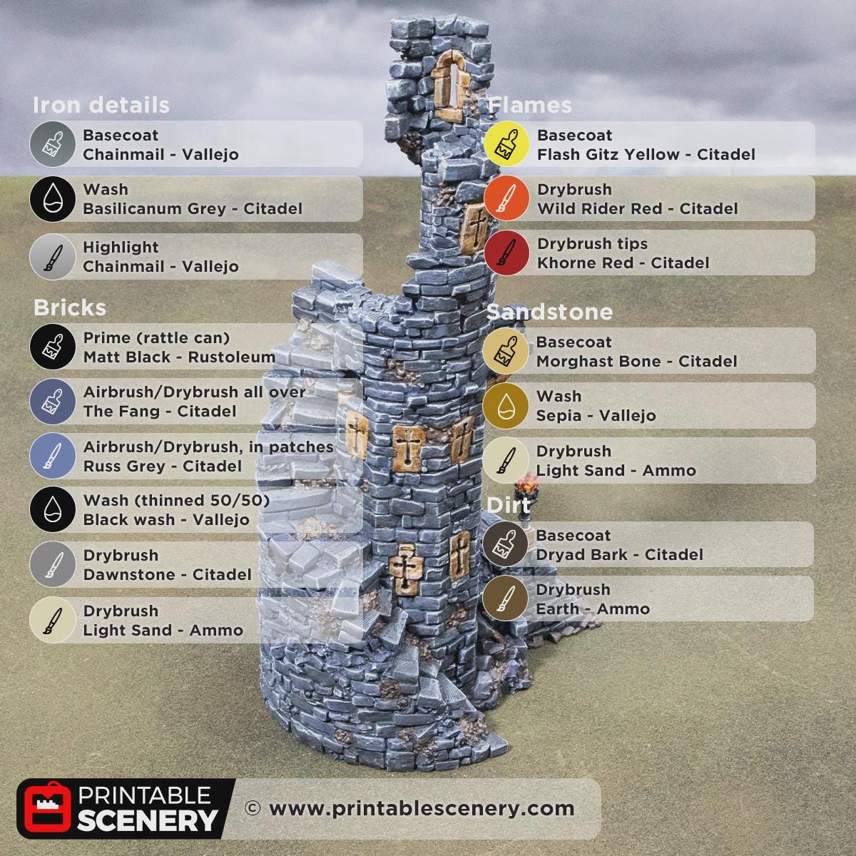Ruined Gothic Spire Terrain | Crumbling Fantasy Tower Ruin with Stackable Levels | Tabletop Wargaming Scenery | 3D Printed