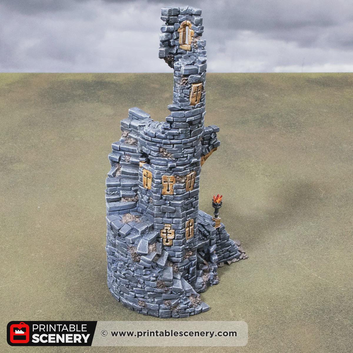 Ruined Gothic Spire Terrain | Crumbling Fantasy Tower Ruin with Stackable Levels | Tabletop Wargaming Scenery | 3D Printed