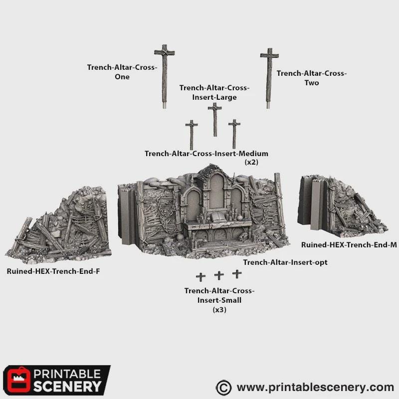 Gothic Altar Terrain | Ruined Stone Shrine Set Piece with Crosses | Tabletop Wargaming Graveyard Scenery | 3D Printed