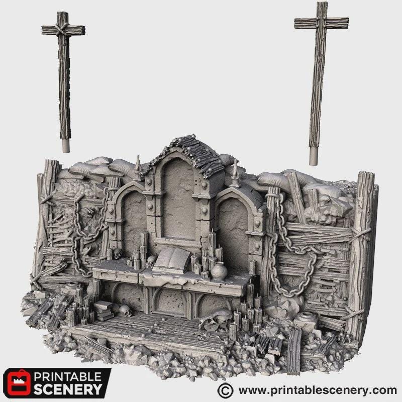 Gothic Altar Terrain | Ruined Stone Shrine Set Piece with Crosses | Tabletop Wargaming Graveyard Scenery | 3D Printed