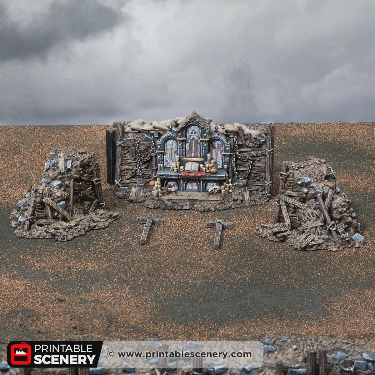 Gothic Altar Terrain | Ruined Stone Shrine Set Piece with Crosses | Tabletop Wargaming Graveyard Scenery | 3D Printed
