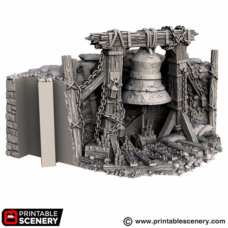Gothic Bell Terrain | Ruined Stone Bell Monument Set Piece | Tabletop Wargaming Graveyard Scenery | 3D Printed Fantasy Ruins
